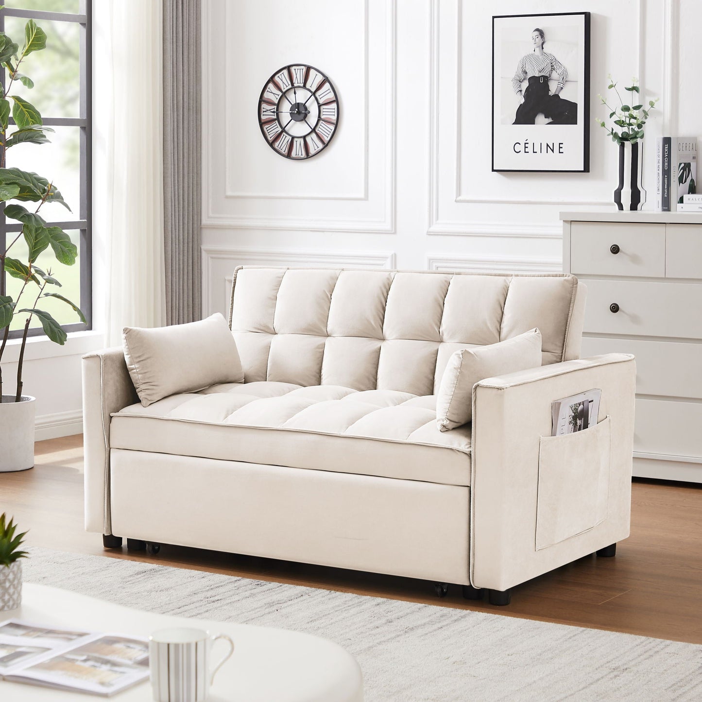 Modern Velvet Convertible Loveseat Futon Sofa With Pullout Bed, Reclining Backrest Home Essentials