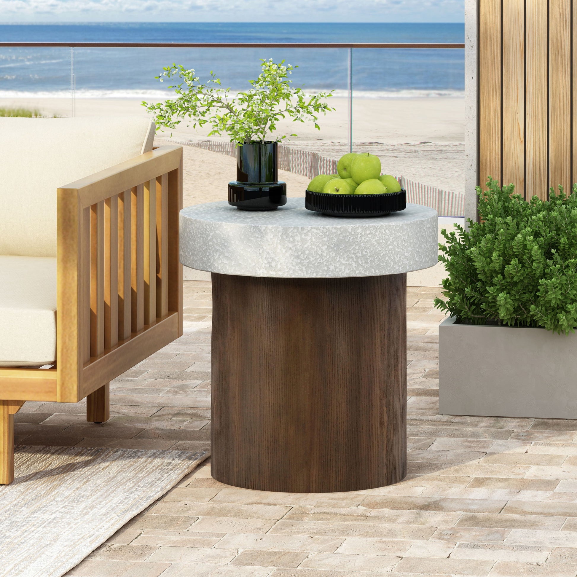 Mgo Cylindrical Side Table With Faux Stone Top And Wood Faux Base - Antique White / Natural Noble House