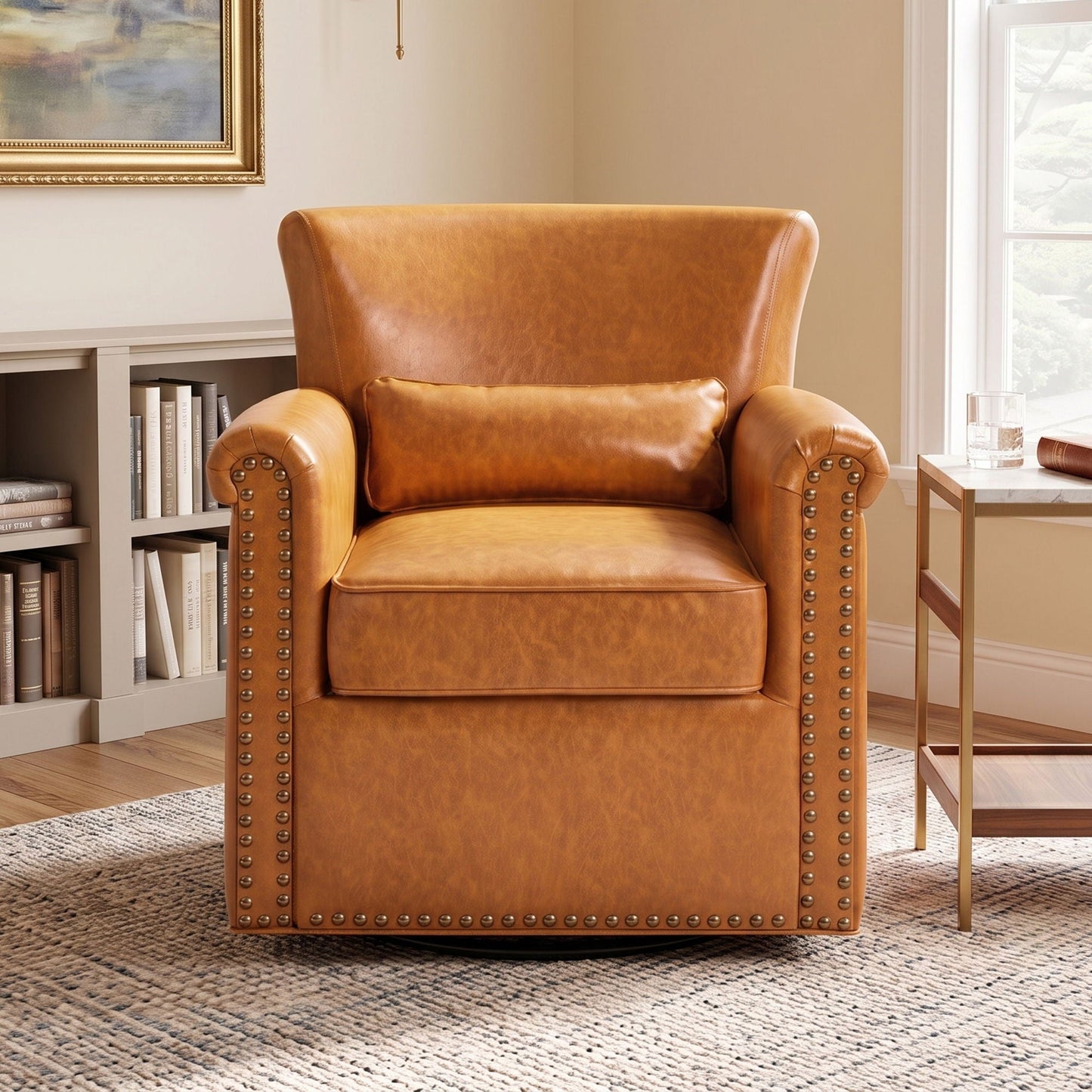 Swivel Accent Chair With Rolled Arm, Sewn Pillow Back, Nailhead Trim For Living Room Noble House