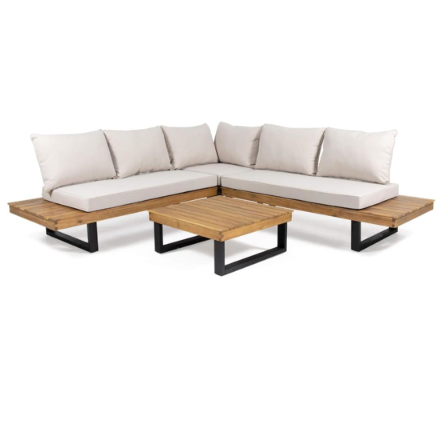 Sebastian - Hand Crafted 4 Piece Sofa Set With Water Resistant Cushions - Beige / Teak Noble House