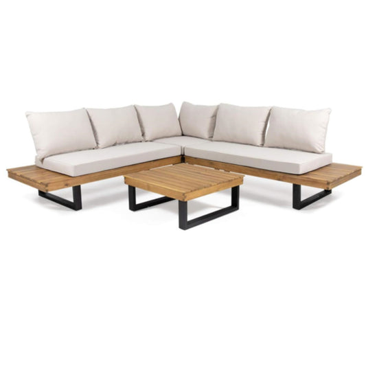 Sebastian - Hand Crafted 4 Piece Sofa Set With Water Resistant Cushions - Beige / Teak Noble House