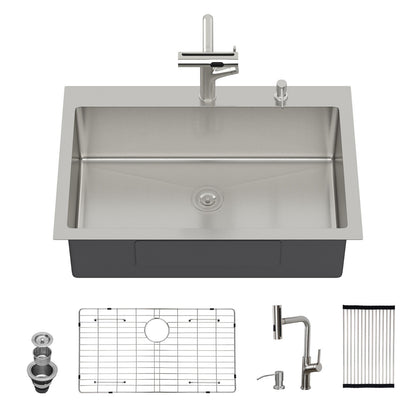 30" Single Bowl Drop In Kitchen Sink With Pull Out Faucet And Soap Dispenser - Brushed Nickel Daily Nest