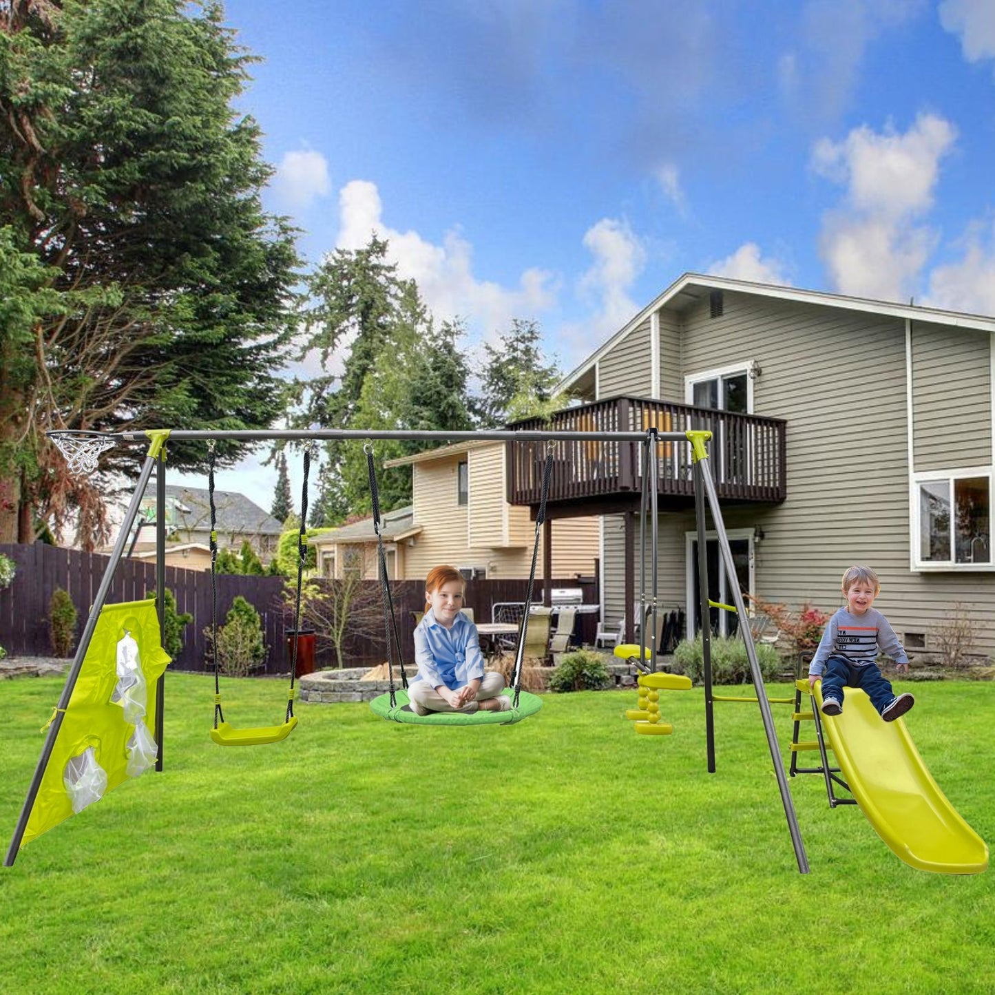 Interesting Six Function Swingset With Net Swing Metal Plastic Safe Swing Set 440Lbs For Outdoor Playground For Age 3+ With 31.5" Net Swing - Gray / Blue Daily Nest