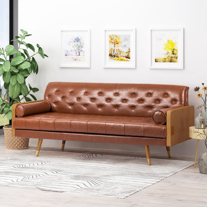 Adelaide - Mid Century Modern Tufted Sofa With Rolled Accent Pillows - Light Brown Noble House