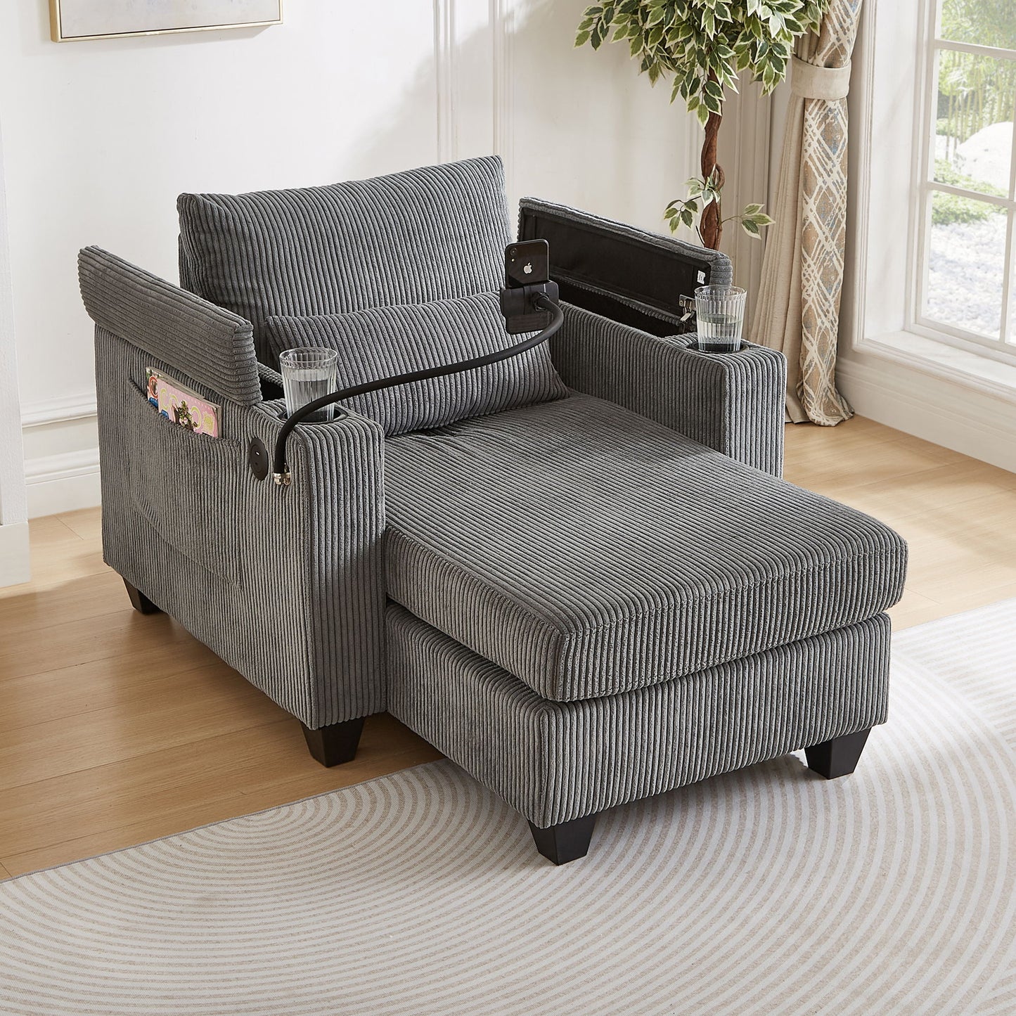 Convertible Chaise Lounge Sofa Chair With USB Ports, Cup Holders, Phone Holder And Storage Hearth and Haven