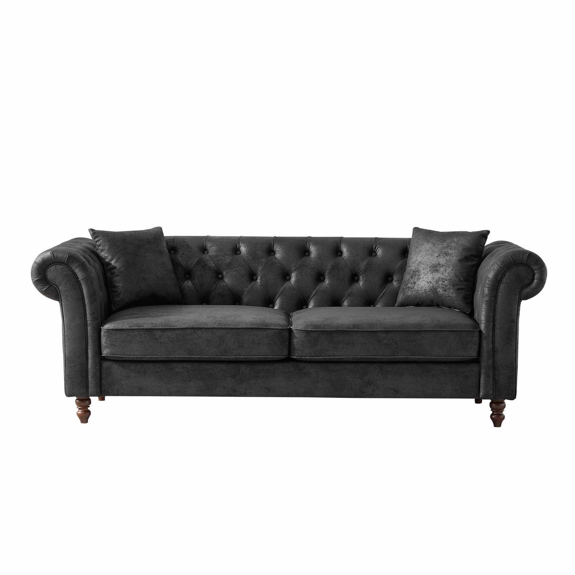 Chesterfield Sofa, High Tech Fabric Roll Armrest, 3 Seater Mid Century Modern Couch - Black Home Essentials