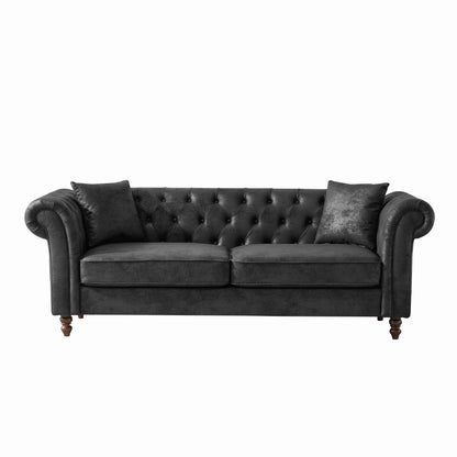 Chesterfield Sofa, High Tech Fabric Roll Armrest, 3 Seater Mid Century Modern Couch - Black Home Essentials