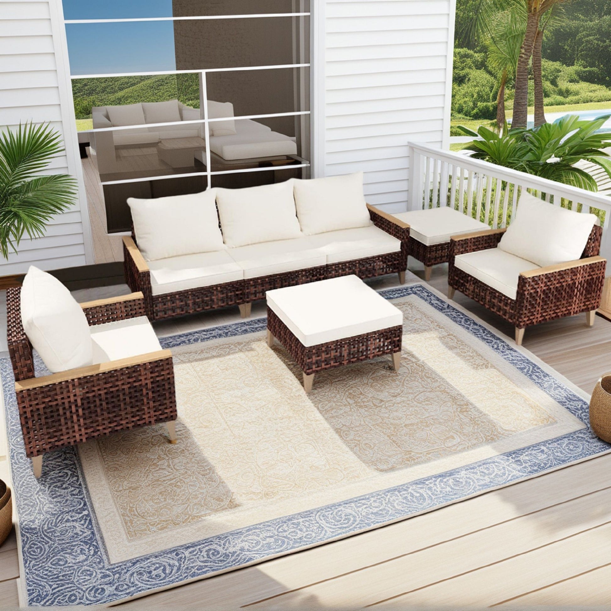 5 Piece Rattan Terrace Furniture Set, 7 Seats Cushions, High Footed Design Home Essentials