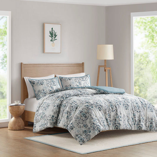 Brielle - 3 Piece Floral Printed Cotton Comforter Set - Light Blue