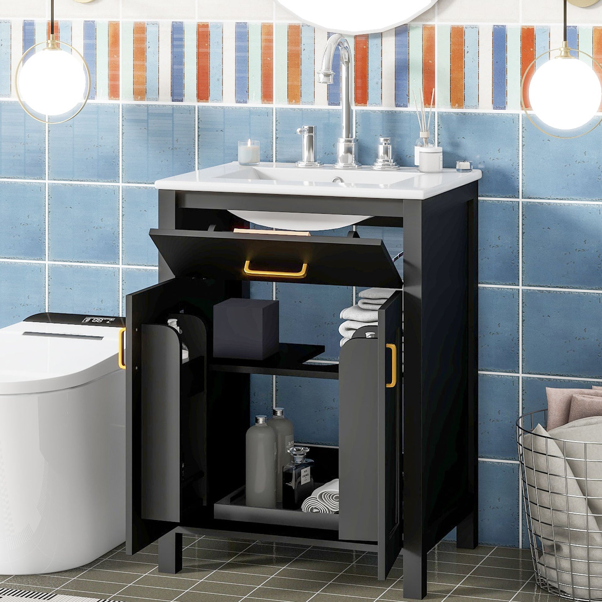Bathroom Vanity Combo With Ceramic Sink, Luxurious Space-Saving Vanity, 2 Soft Close Doors Hearth and Haven