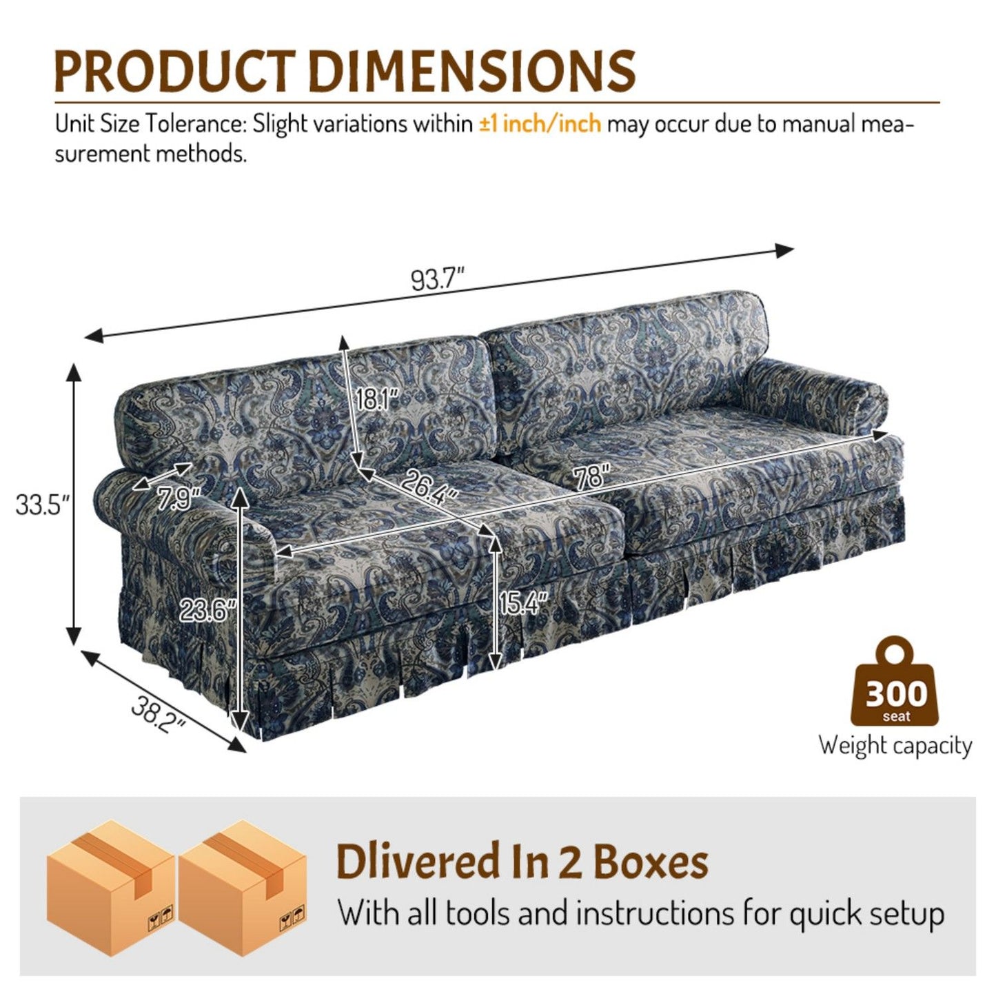 Luxuriously Comfortable Cloud Couch Sofa With Elegant Rolled Arms & Pleated Skirt Design Home Essentials