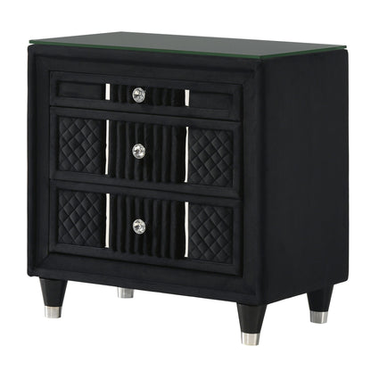 1 Piece Nightstand Upholstery Textured Look Luxurious Feel Drawer Fronts Crystal Style Knobs - Black Home Essentials