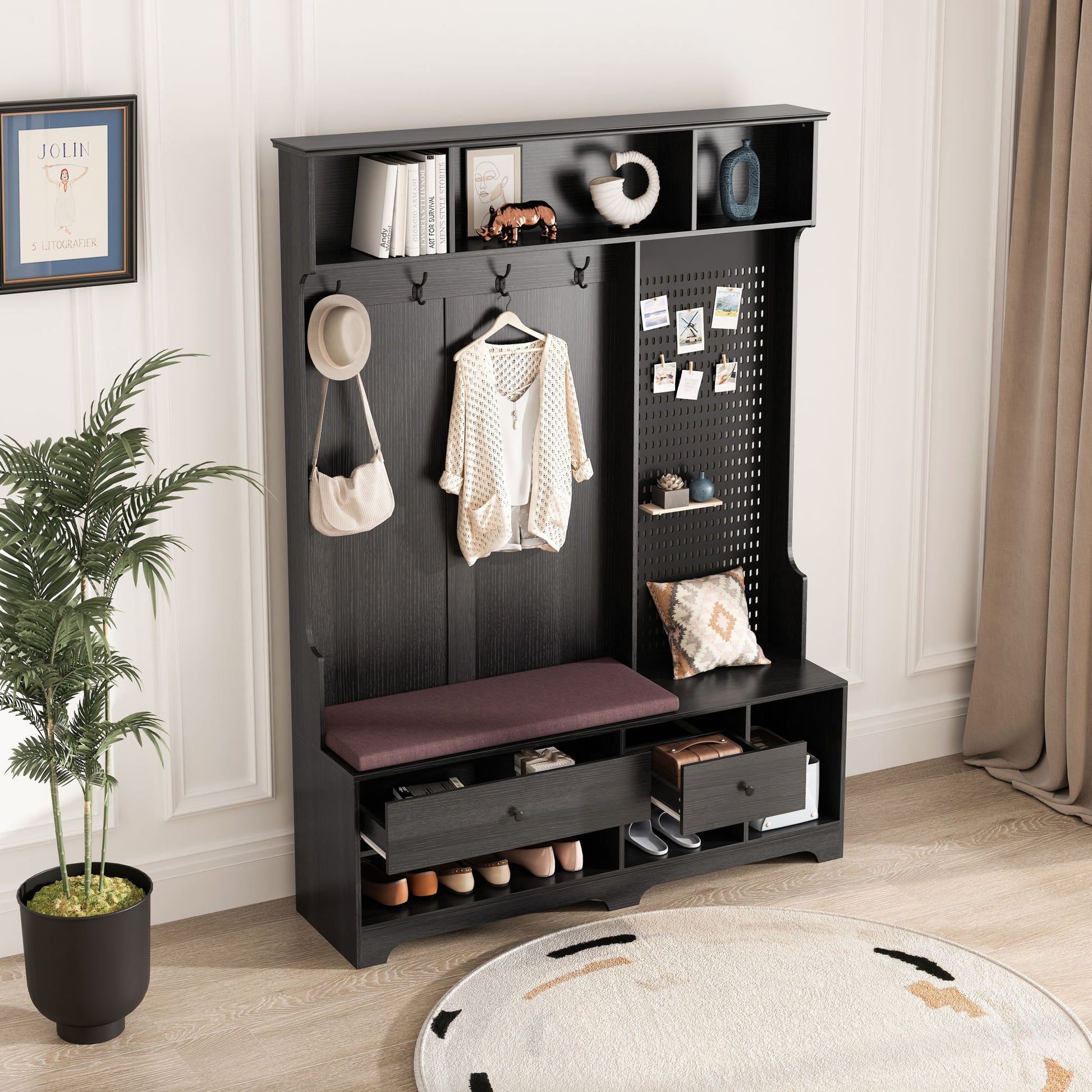 Hallway Hall Tree With Removable Cushion Bench, Coat Rack, Storage Shelves Home Essentials