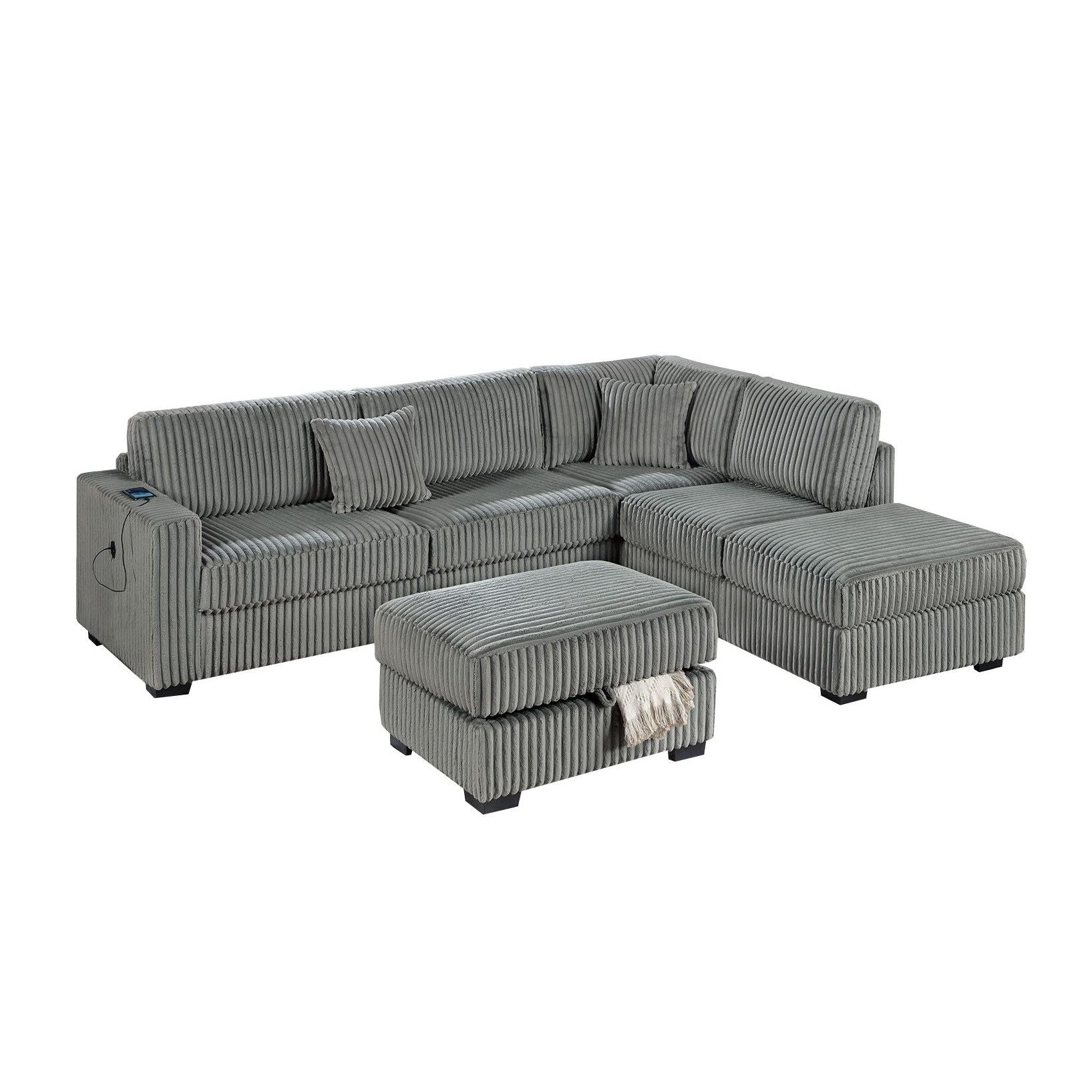 3 Piece Sectional Sofa With Reversible Chaise And USB Storage Ottoman Home Essentials