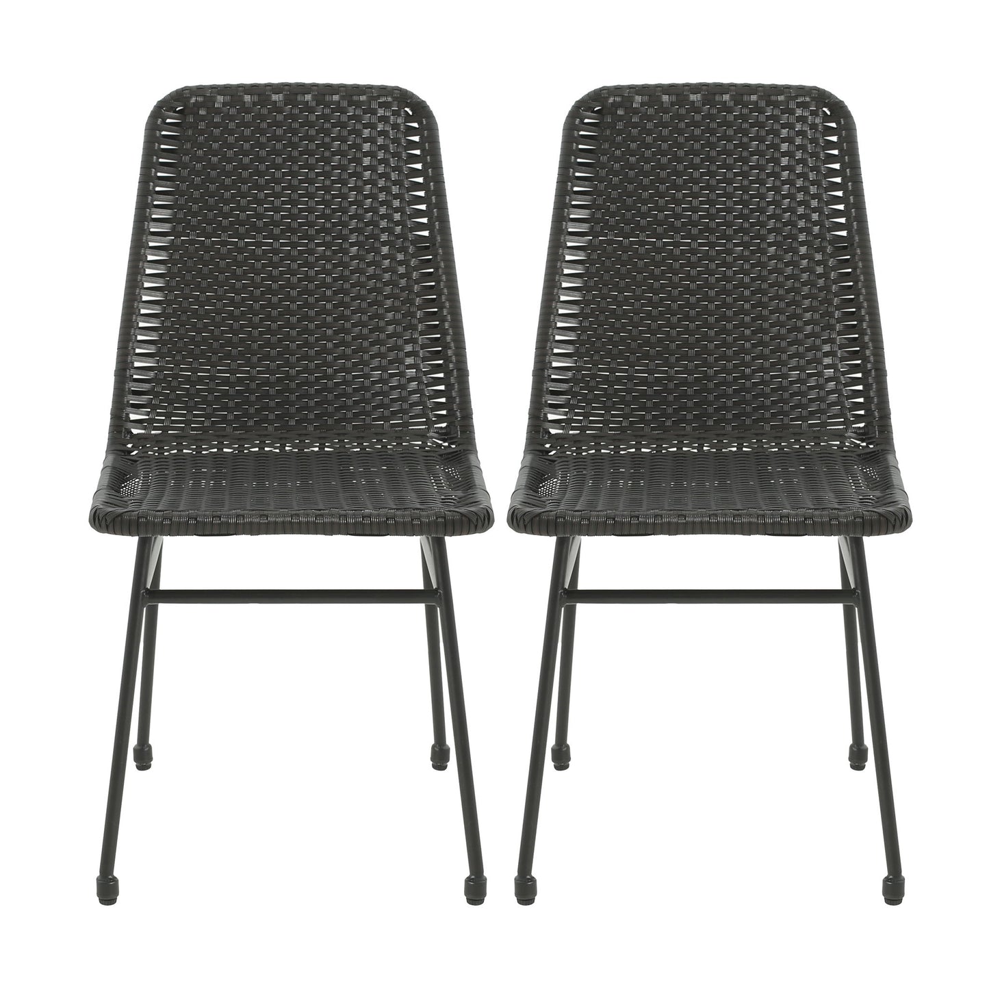 Outdoor Dining Chairs (Set of 2), Rattan Backrest And Cushions, Iron Frame - Dark Brown Noble House