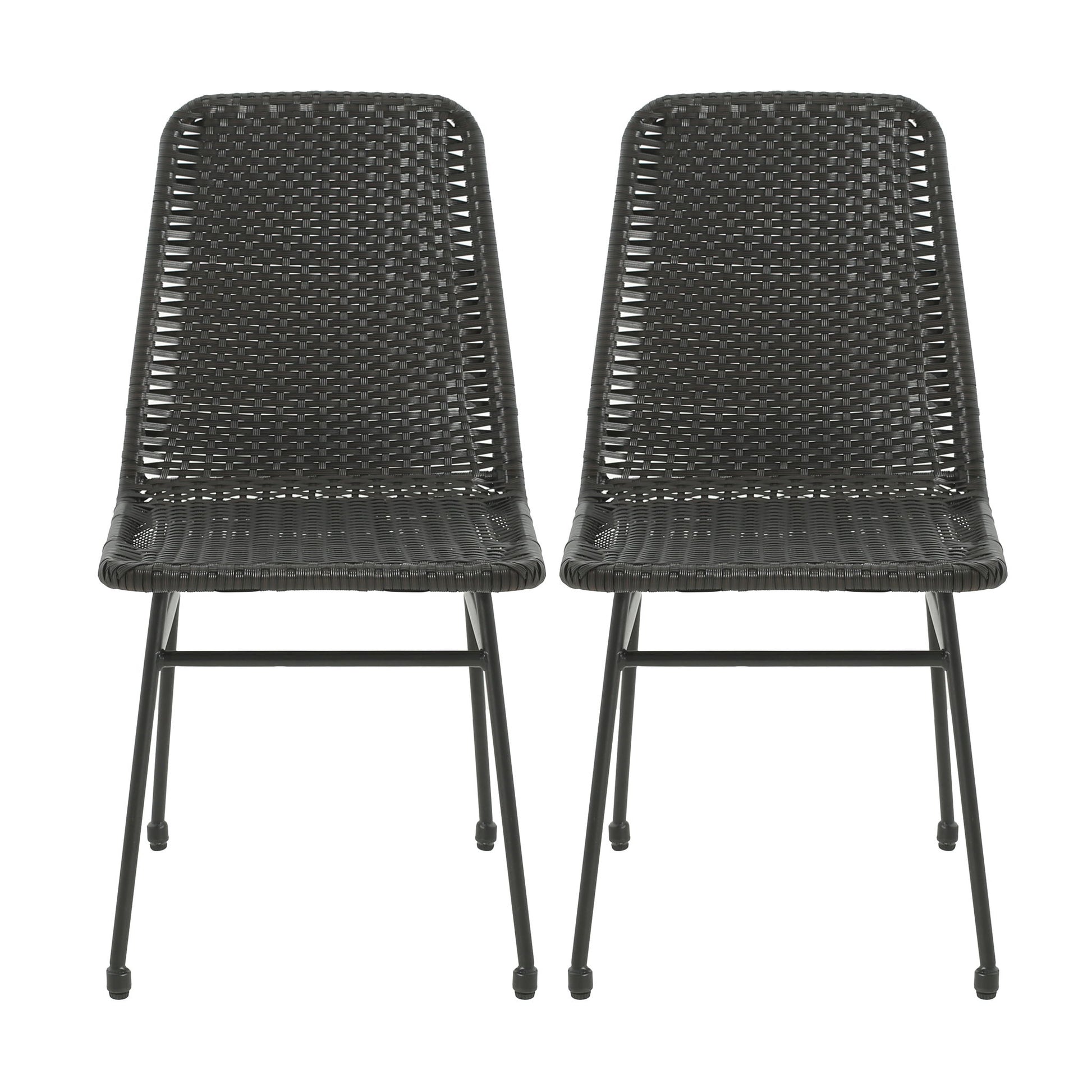 Outdoor Dining Chairs (Set of 2), Rattan Backrest And Cushions, Iron Frame - Dark Brown Noble House