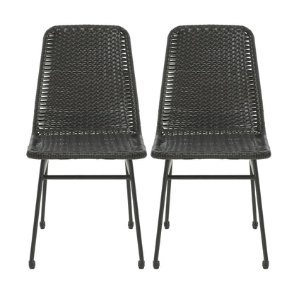 Outdoor Dining Chairs (Set of 2), Rattan Backrest And Cushions, Iron Frame - Dark Brown Noble House