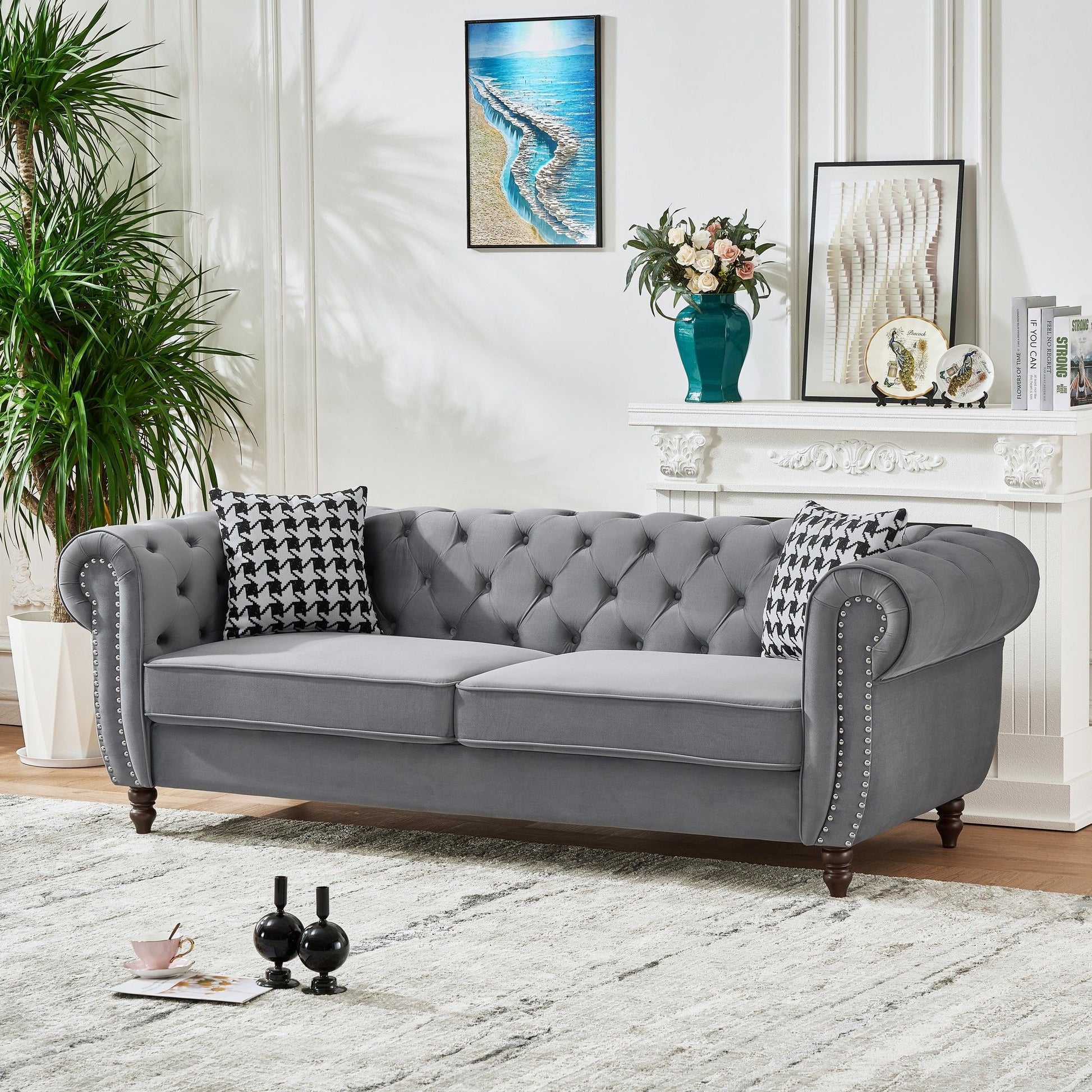 Chesterfield Upholstery Fabric Sofa With Roll Armrest & Nailhead Home Essentials