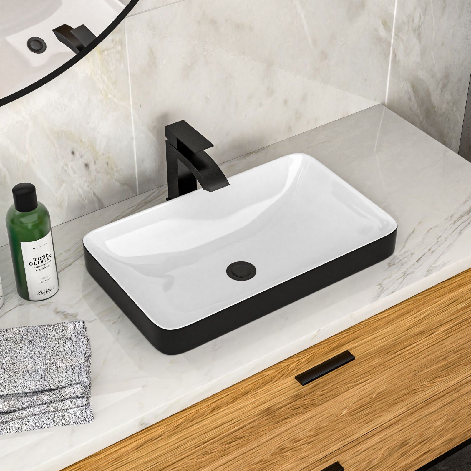 Semi Recessed Bathroom Sink With Vessel Design, Durable Glazed - White / Black Daily Nest