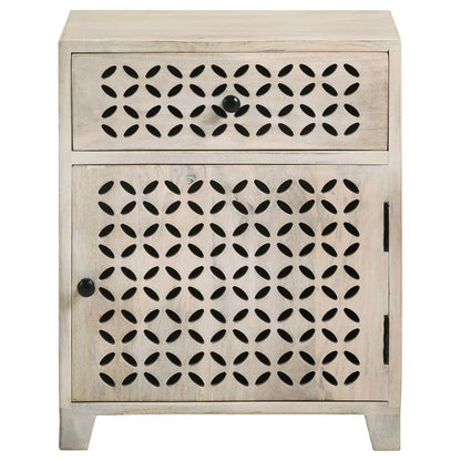 August - 1-Drawer Trellis Pattern Storage Cabinet - White Washed CoasterEssence