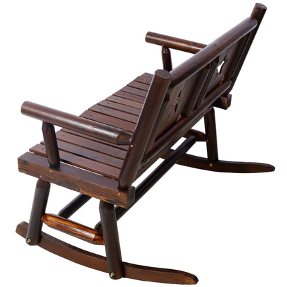 Rustic Outdoor Wood Rocking Bench Double Rocking Chair For 2 Persons With Curved Seat, Porch Rocker - Brown Home Essentials