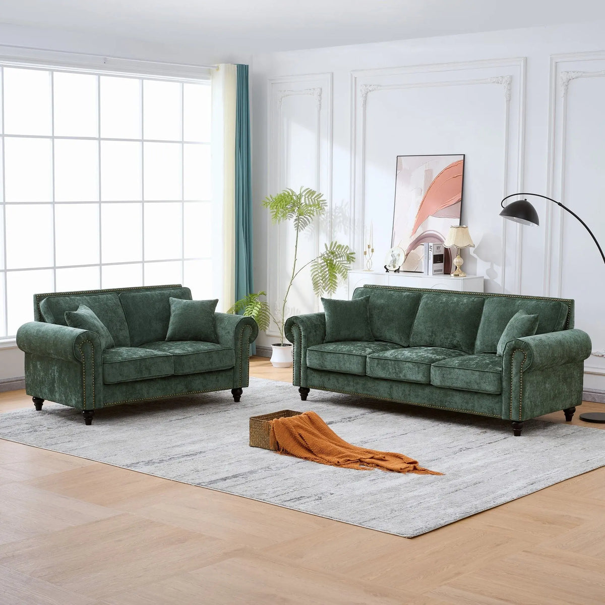 3 Seater Sofa With Tufted Upholstery, Rolled Arms, Nailhead Trim Home Essentials