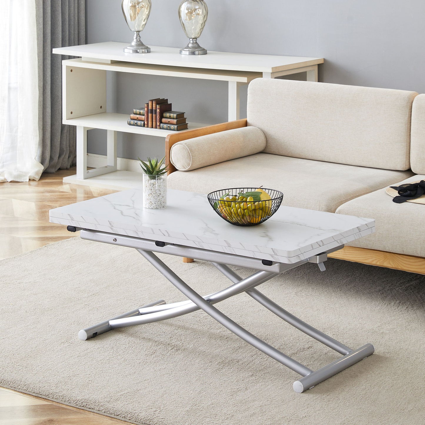 Modern Minimalist Multifunctional Lift Table With Metal Legs - White / Silver Home Essentials