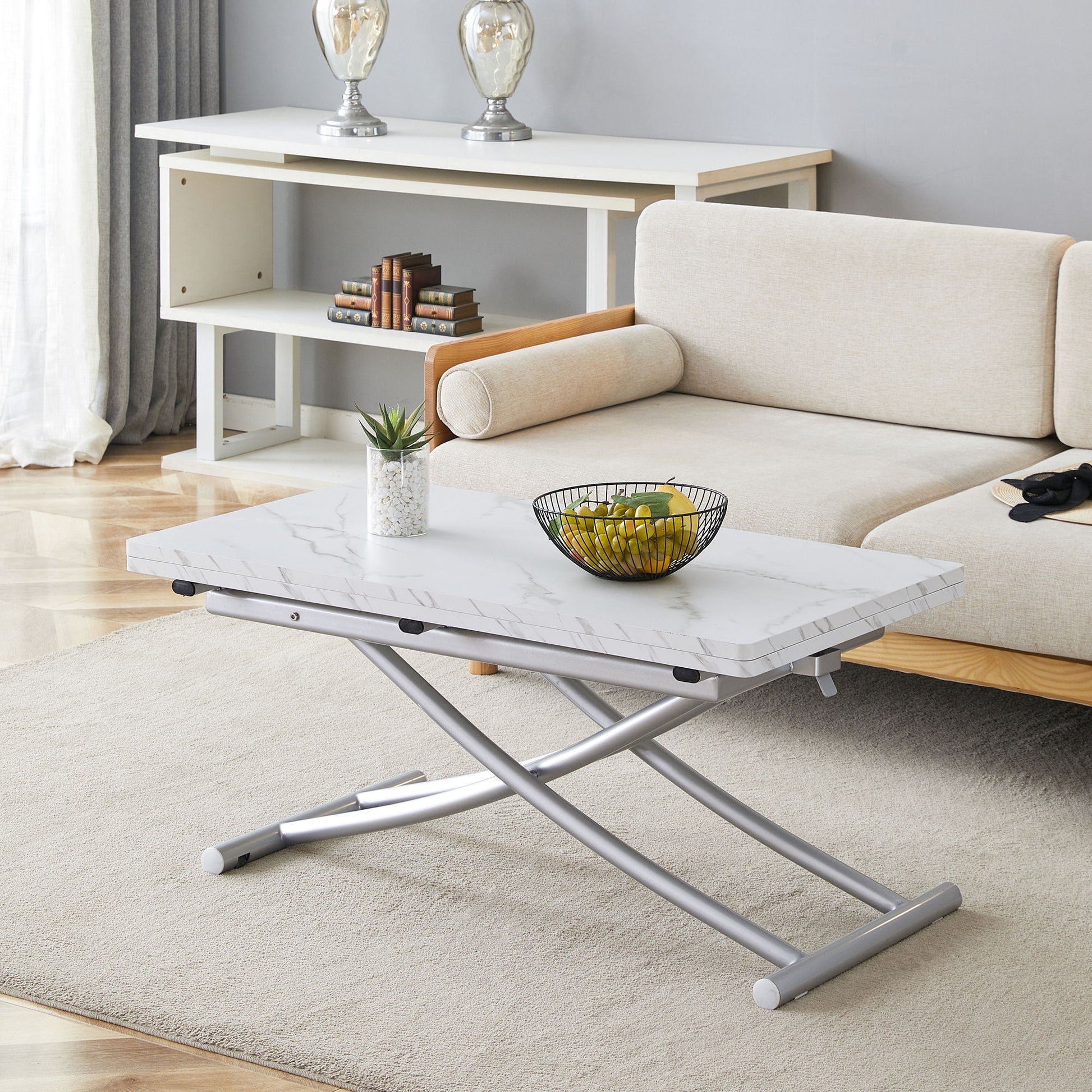 Modern Minimalist Multifunctional Lift Table With Metal Legs - White / Silver Home Essentials