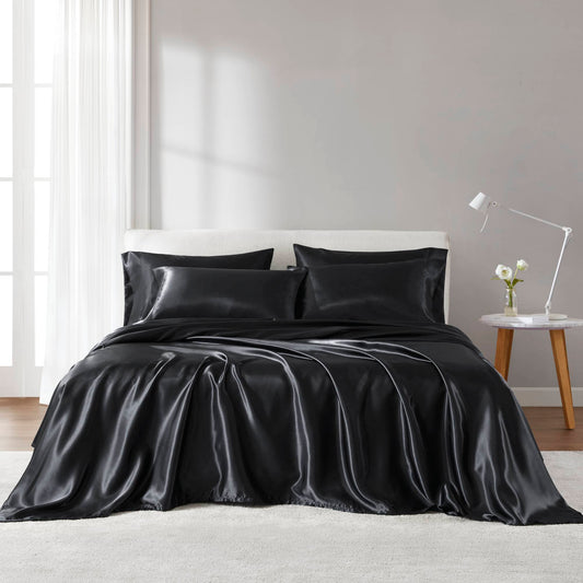 Satin - Wrinkle-Free Luxurious 6-Piece Sheet Set - Black Madison Park Essentials