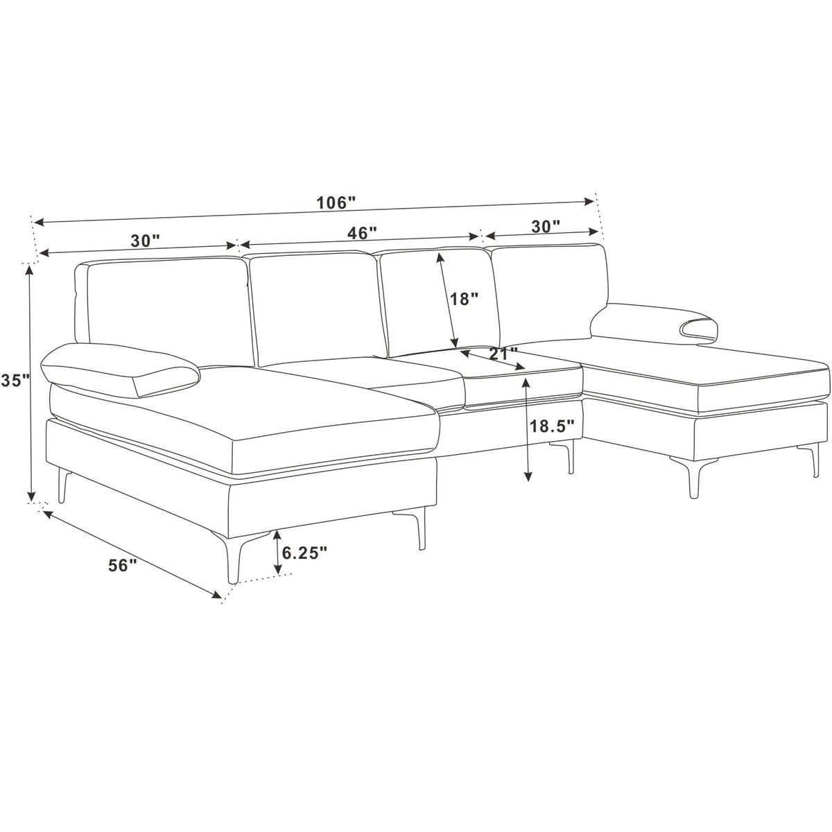 U - Shape Sectional With Legs, Pillow Top Arms - Dark Gray Home Essentials