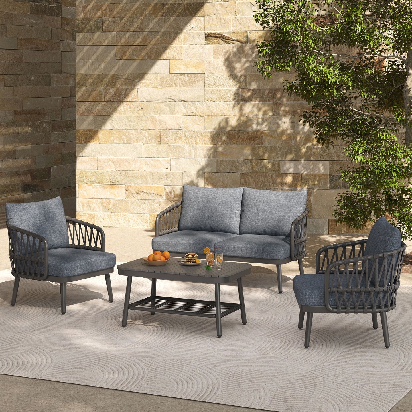 4 Piece Outdoor Patio Furniture Set, Metal Chairs With Woven Rope U Shaped Backrest Noble House