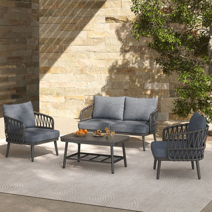 4 Piece Outdoor Patio Furniture Set, Metal Chairs With Woven Rope U Shaped Backrest Noble House