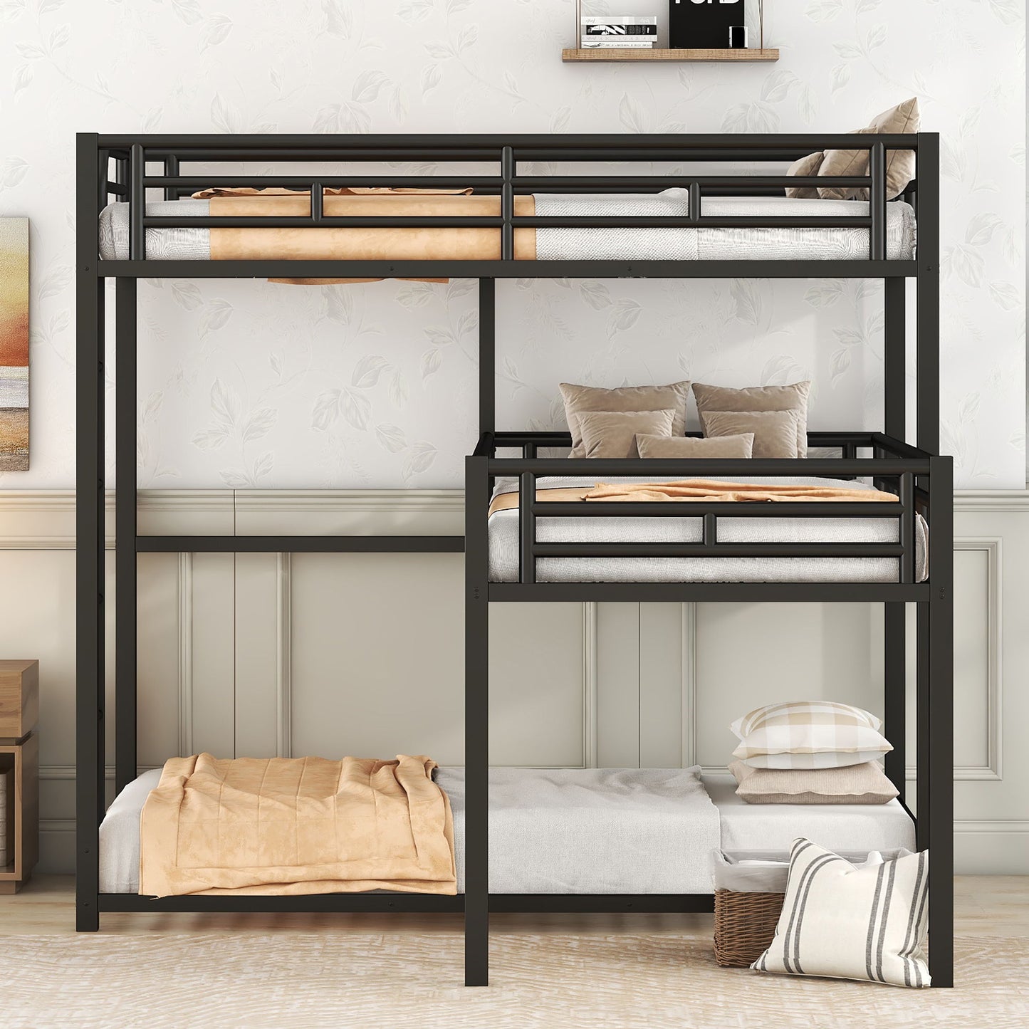 L-Shaped Triple Twin Size Bunk Bed, Industrial Design With Integrated Ladder And Full Length Guardrails - Black Hearth and Haven