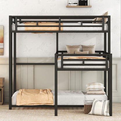 L-Shaped Triple Twin Size Bunk Bed, Industrial Design With Integrated Ladder And Full Length Guardrails - Black Hearth and Haven