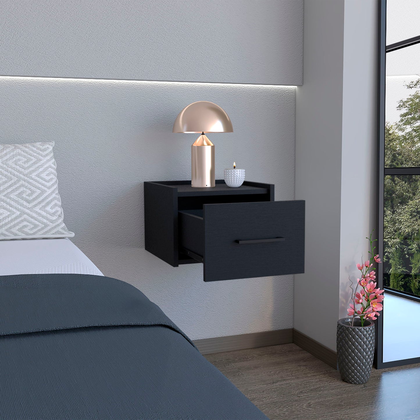 Floating Nightstand, Space Saving Design With Handy Drawer And Surface - Black Home Essentials