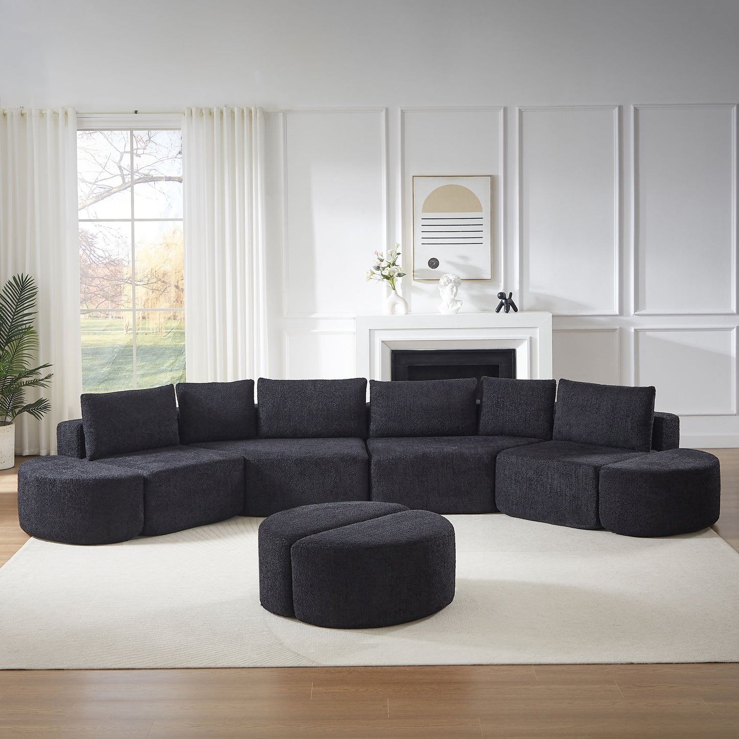 Modular Sectional Sofa With 6 Pillows And 4 Curved Footstools For Living Rooms - Black Home Essentials
