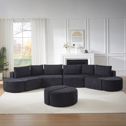 Modular Sectional Sofa With 6 Pillows And 4 Curved Footstools For Living Rooms - Black Home Essentials