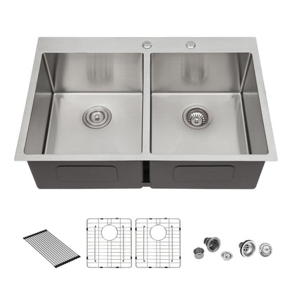 Modern Farmhouse Double Bowl Drop In Sink With 50 / 50 Split Design Stainless Steel - Brushed Nickel Daily Nest