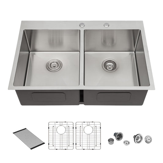Modern Farmhouse Double Bowl Drop In Sink With 50 / 50 Split Design Stainless Steel - Brushed Nickel Daily Nest