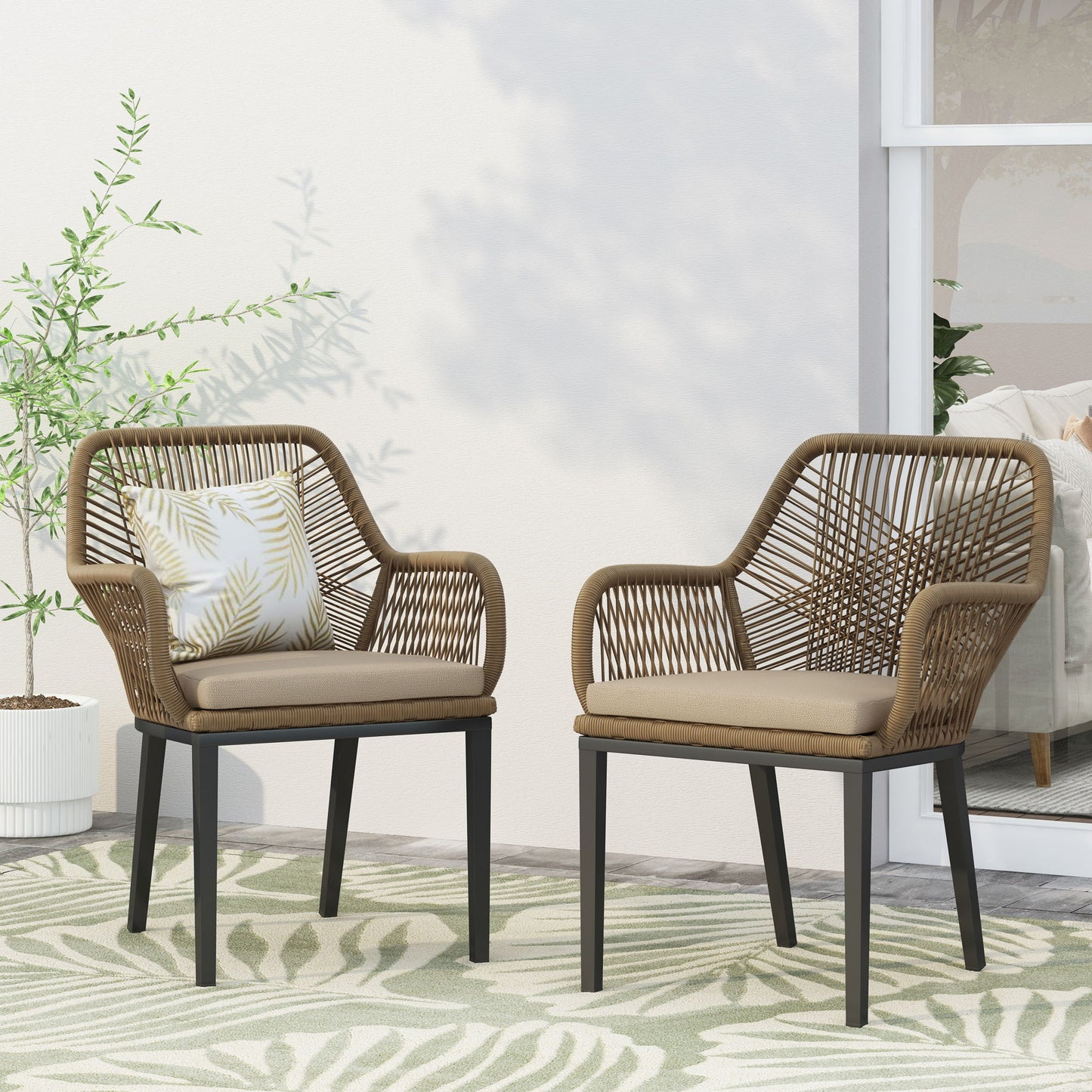 Modern Wicker Dining Club Chair With Water Resistant Cushions - Brown / Beige Noble House