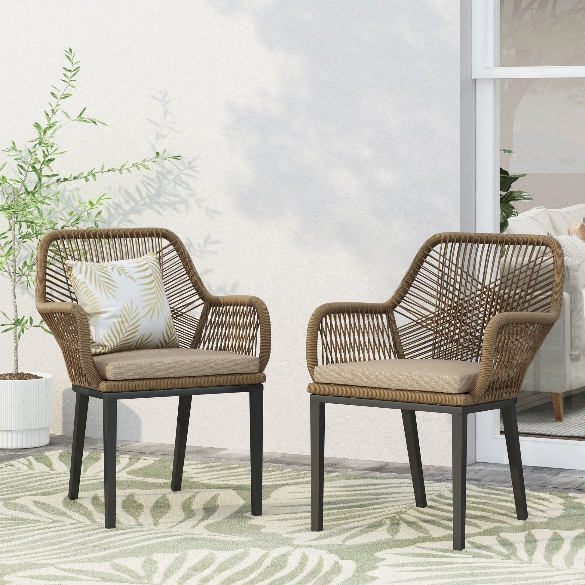 Modern Wicker Dining Club Chair With Water Resistant Cushions - Brown / Beige Noble House