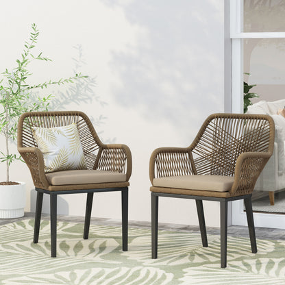Modern Wicker Dining Club Chair With Water Resistant Cushions - Brown / Beige Noble House
