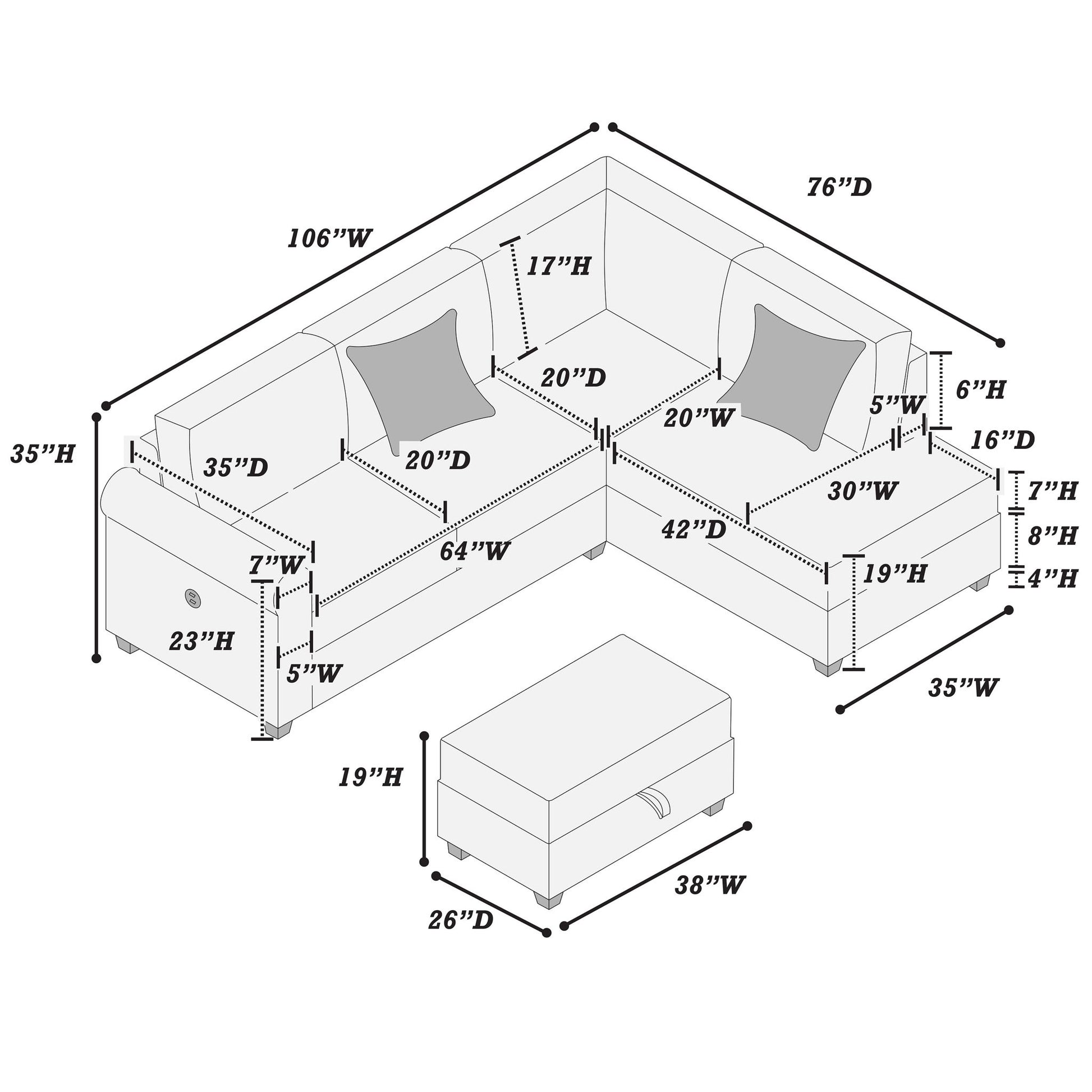 Contemporary Sectional Set With Right Arm Chaise, Left Arm Sofa With USB Port, Storage Ottoman Home Essentials