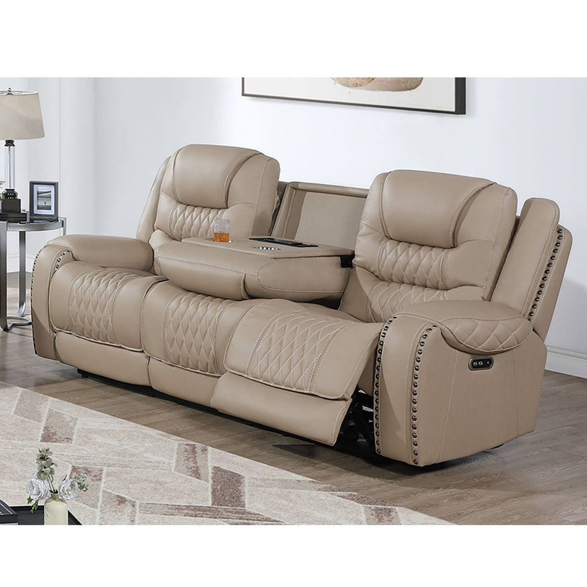 Power Reclining Sofa With USB Ports, Drop Down Table & Adjustable Headrest - Toffee Home Essentials