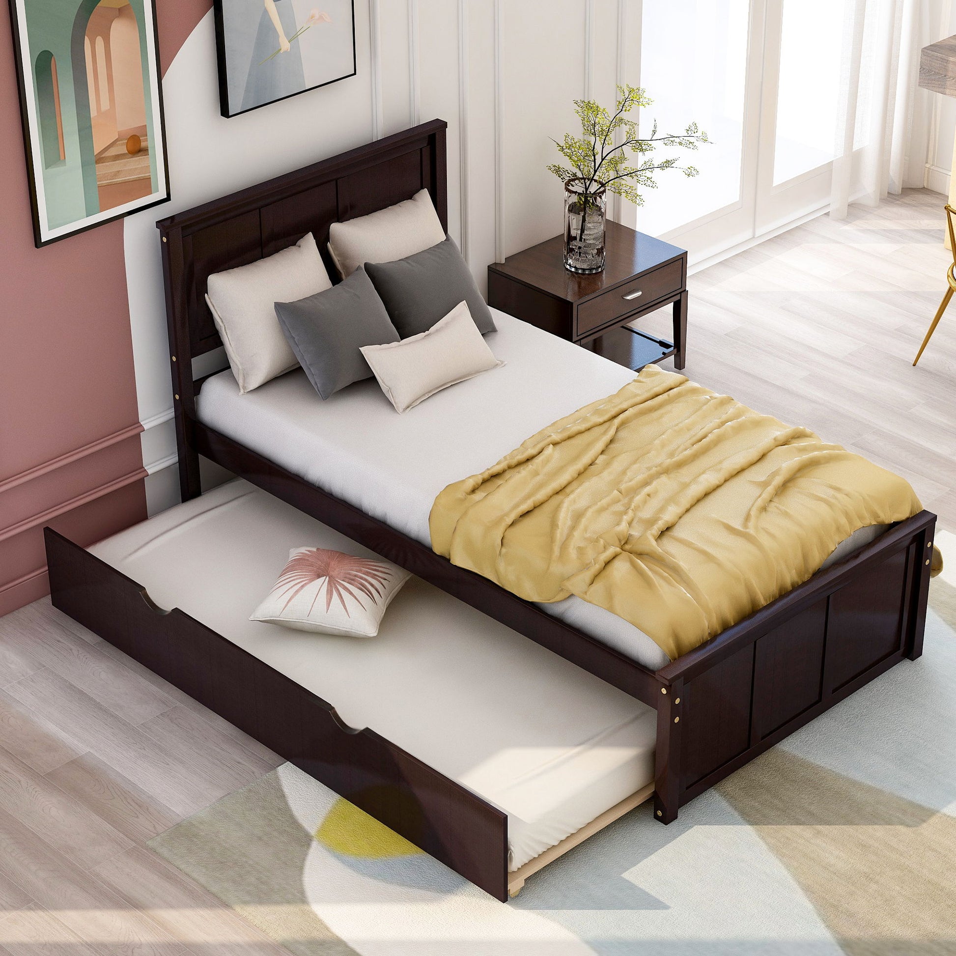 Platform Bed With Twin Trundle, Twin Size - Espresso Hearth and Haven
