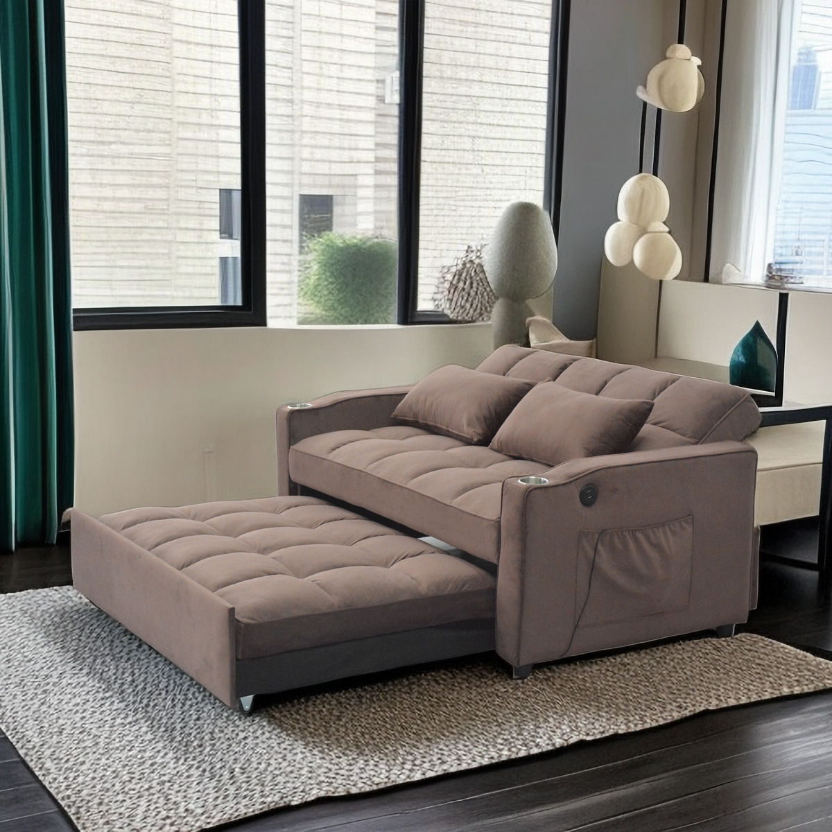 3 In 1 Convertible Sleeper Sofa Bed, Modern Fabric Loveseat Futon Sofa Couch With Pullout Bed, Small Love Seat Lounge Sofa With Reclining Backrest, Furniture For Living Room Home Essentials