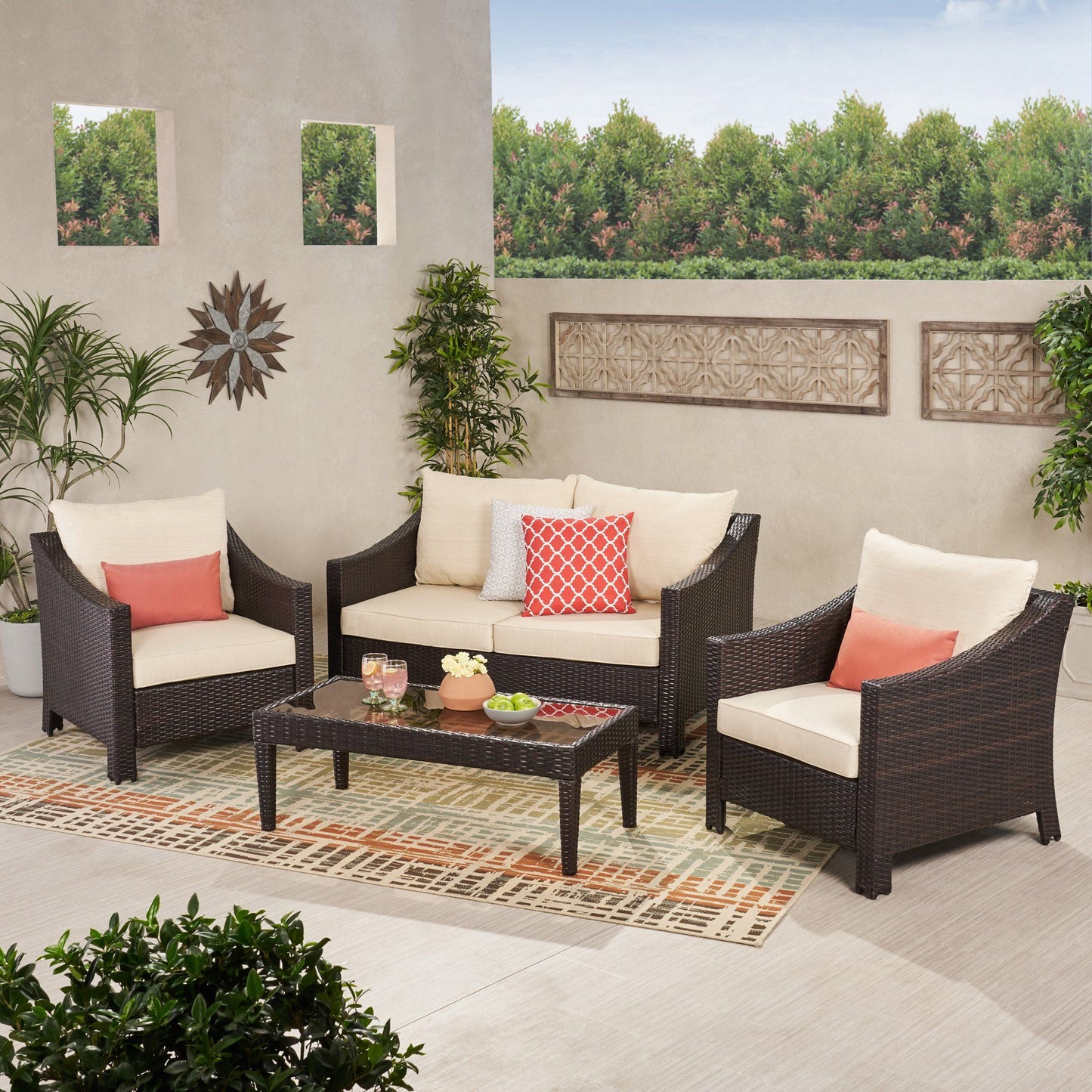 Antibes - 4 Pieces Wicker Chat Set - Brown / Beige Noble House
