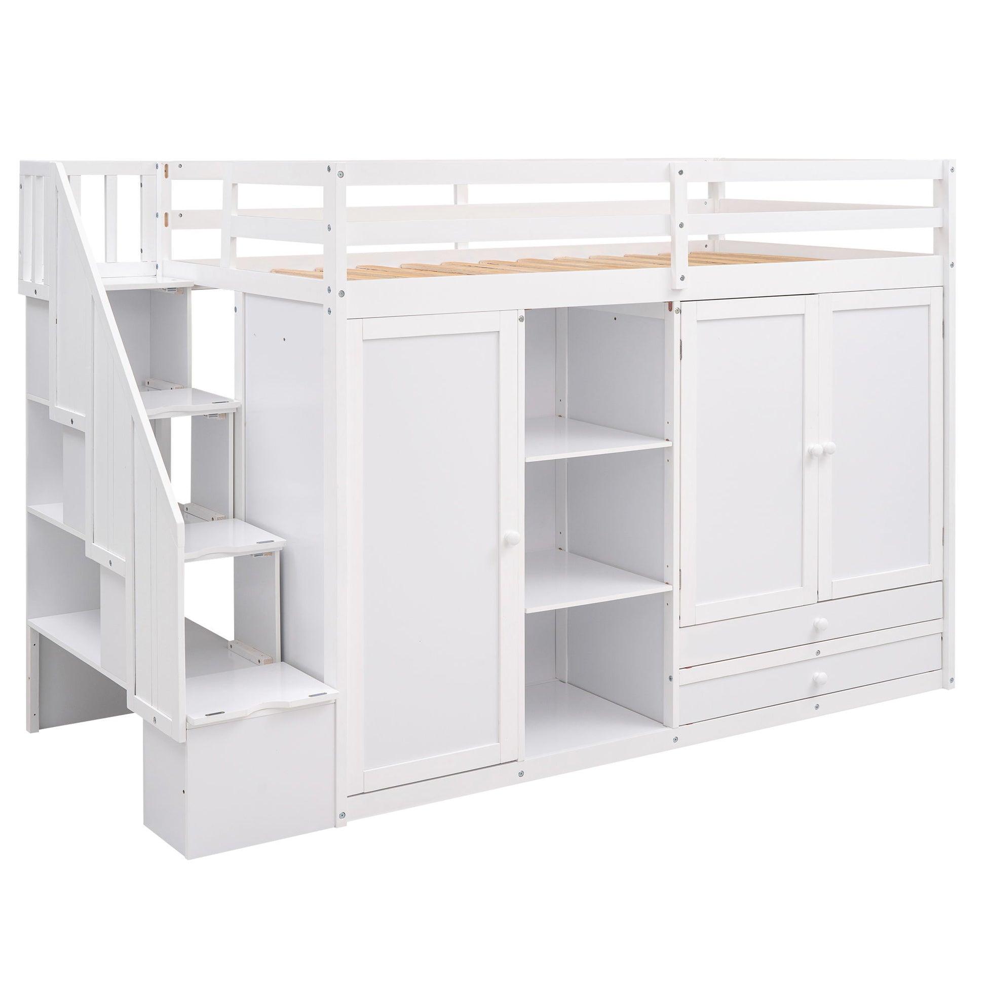 Loft Bed With 3 Shelves, 2 Wardrobes, 2 Drawers, Ladder Storage Hearth and Haven