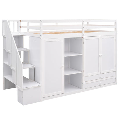 Loft Bed With 3 Shelves, 2 Wardrobes, 2 Drawers, Ladder Storage Hearth and Haven