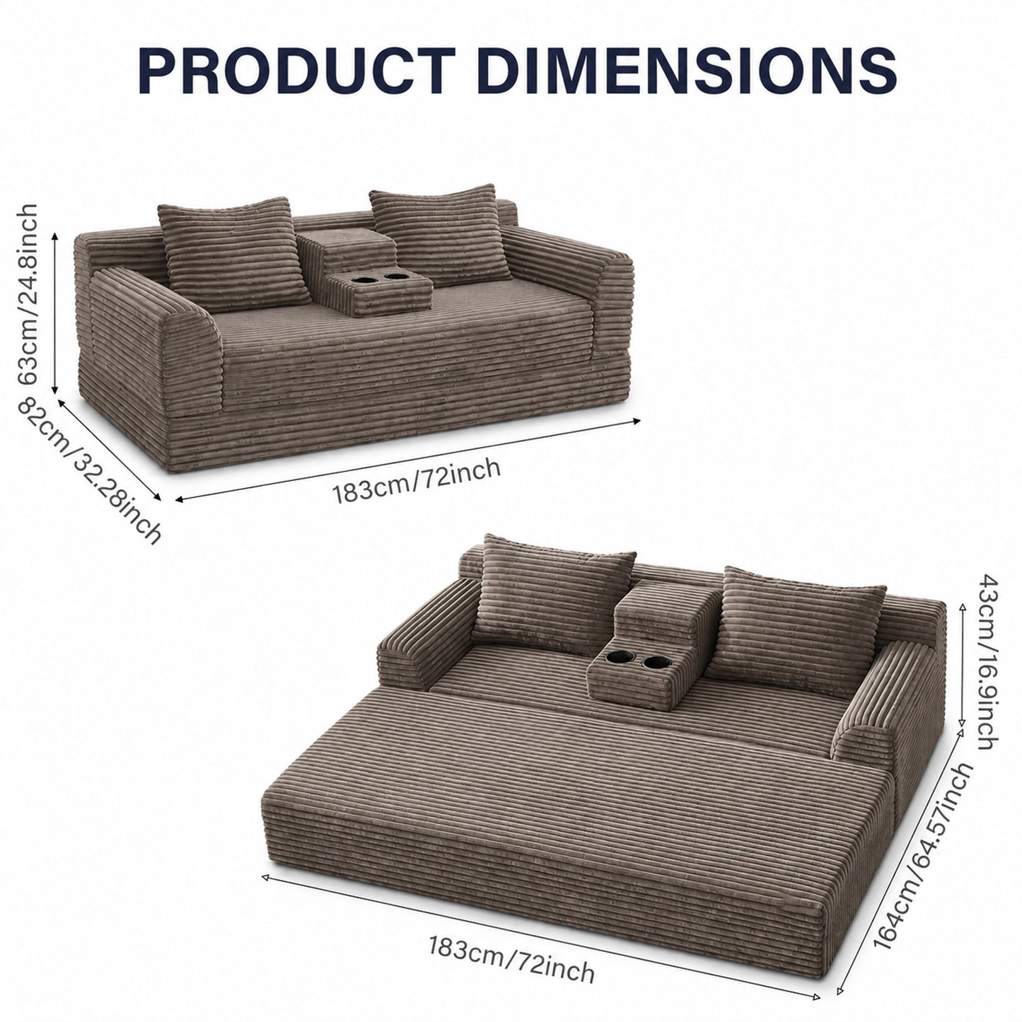 Soft Striped Convertible Sofa Bed, Dual Use Lounge Couch With Cup Holders And Pillows Home Essentials